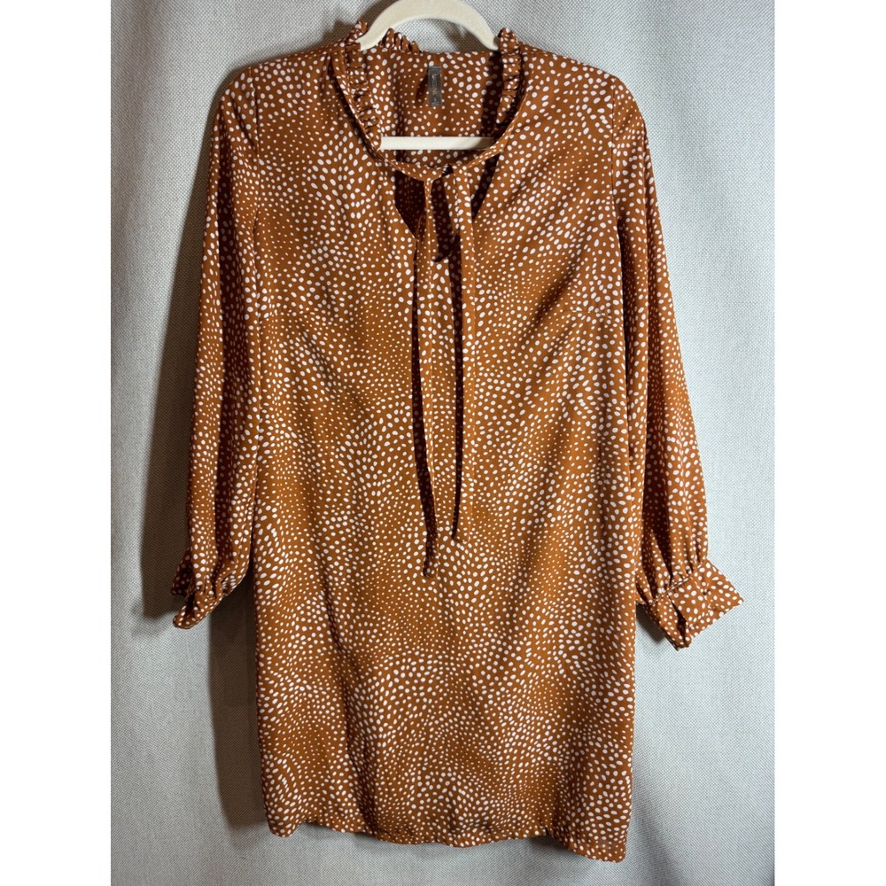 Massini Rust Brown Polka Dot Ruffle Tie Neck Long Sleeve Shift Dress Small
